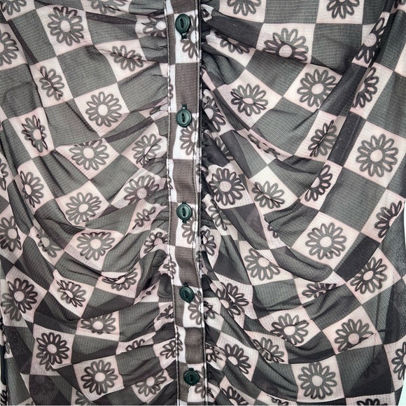 Urban Outfitters Riko Mesh Button Front Mini Dress Ruched Floral Bodycon XS - Picture 7 of 13